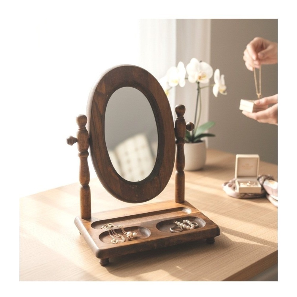 Vintage Wood Oval Vanity Mirror with Jewelry Valet Tray, Tabletop Trinket Holder